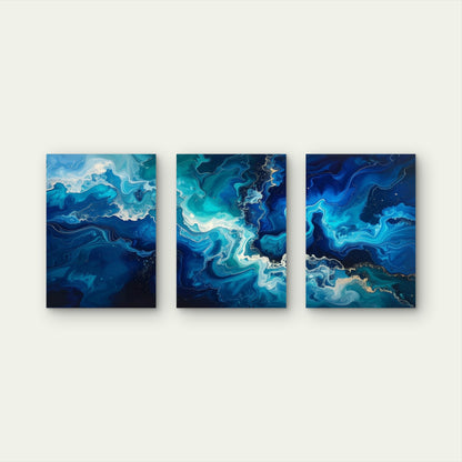 3pcs Modern Dark Navy Blue Ocean Sea Waves Wall Art Set Canvas Framed 50x70cm - High Quality Print 100% Australian Made Wall Canvas Ready to Hang