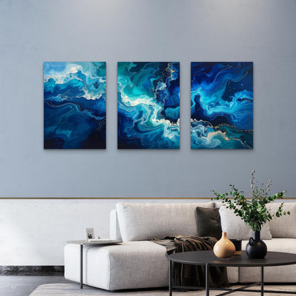 3pcs Modern Dark Navy Blue Ocean Sea Waves Wall Art Set Canvas Framed 50x70cm - High Quality Print 100% Australian Made Wall Canvas Ready to Hang