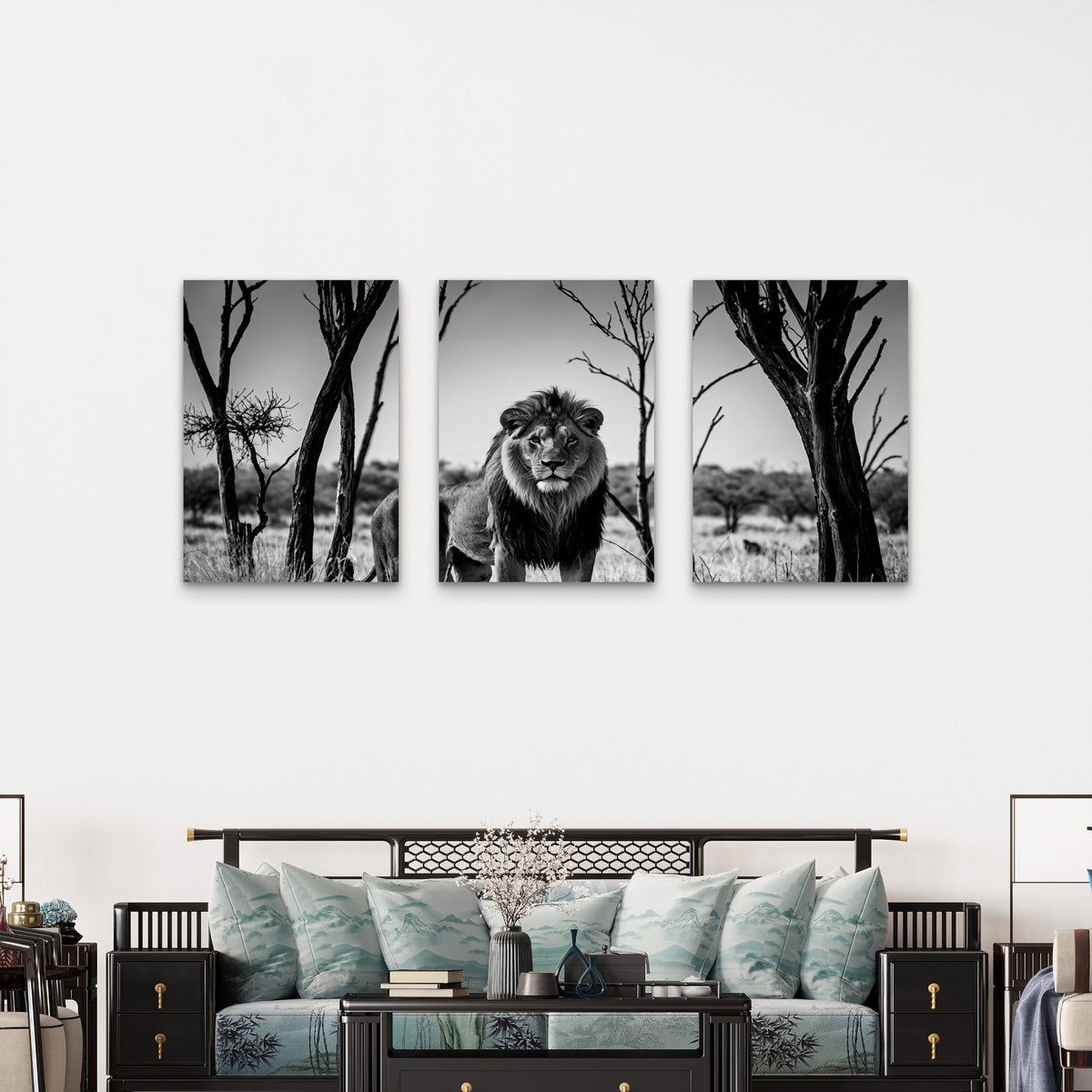 3pcs Abstract Black White Wild Lion Safari Wall Art Set Canvas Framed 50x70cm - High Quality Print 100% Australian Made Wall Canvas Ready to Hang
