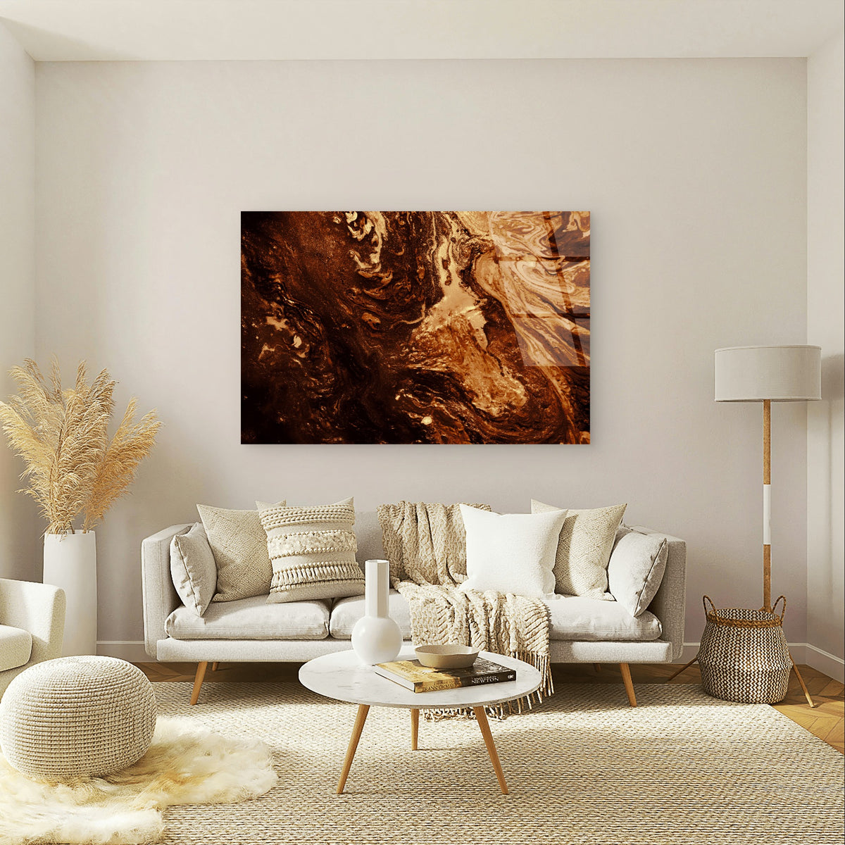 Vibrant Abstract Brown Gold Foil Swirl Acrylic Glass Printing Wall Art Australian Made Quality