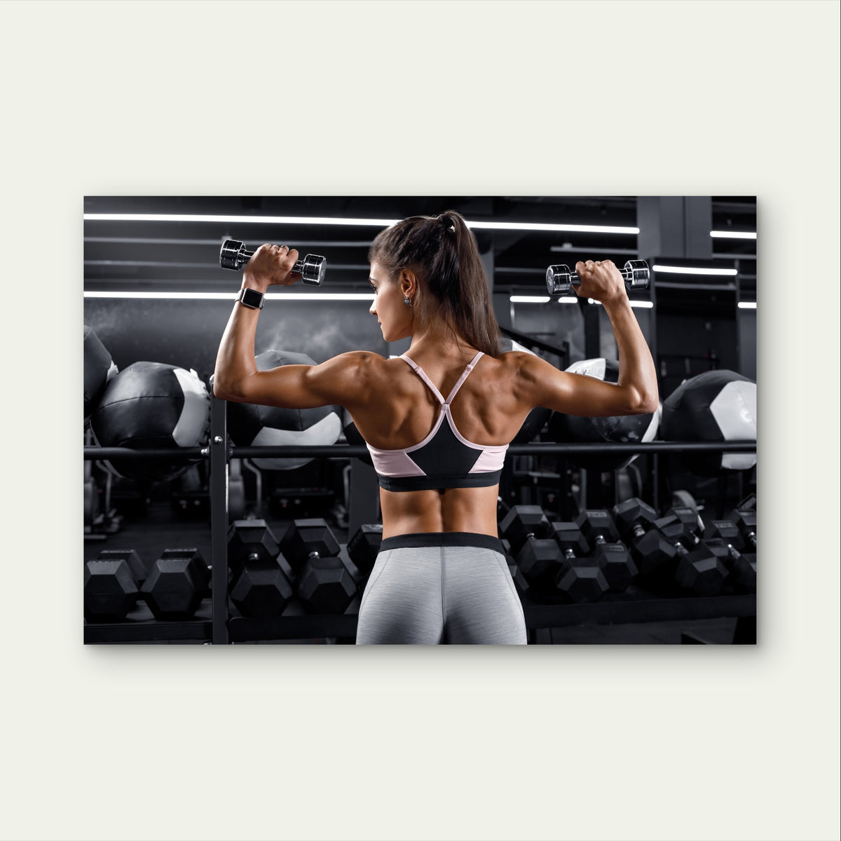 Fit Woman Back Shoulder Dumbbell Press 5mm Plastic Poster Ready to Hang 90x60cm