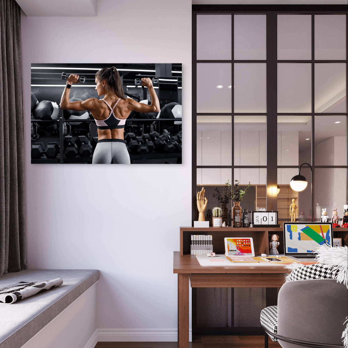 Fit Woman Back Shoulder Dumbbell Press 5mm Plastic Poster Ready to Hang 90x60cm
