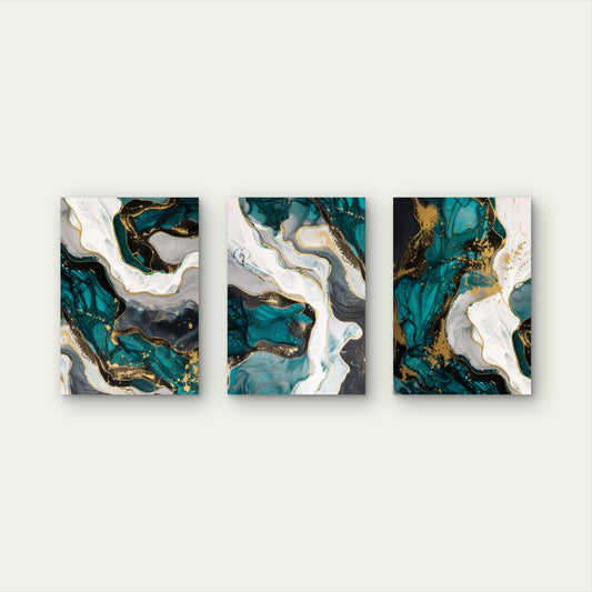 3pcs Modern Emerald Green Teal Fluid Alcohol Wall Art Set Canvas Framed 40x60cm - High Quality Print 100% Australian Made Wall Canvas Ready to Hang