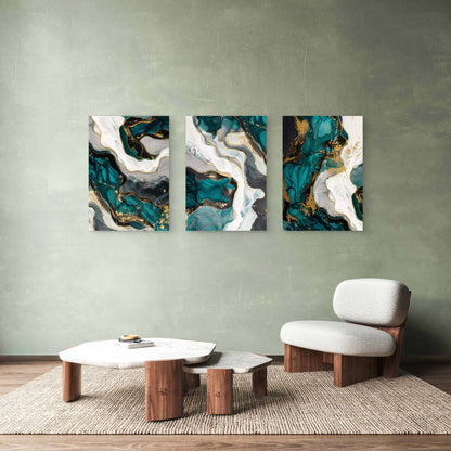 3pcs Modern Emerald Green Teal Fluid Alcohol Wall Art Set Canvas Framed 50x70cm - High Quality Print 100% Australian Made Wall Canvas Ready to Hang