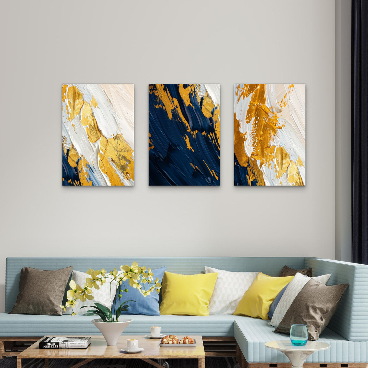 3pcs Abstract Navy Blue Gold Texture Painting Wall Art Set Canvas Framed 50x70cm - High Quality Print 100% Australian Made Wall Canvas Ready to Hang