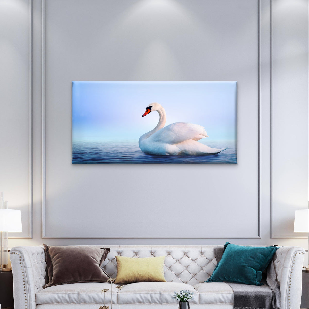 White Swan Lake Water Nature Bird Wall Art Canvas Office Home Framed 120x60cm