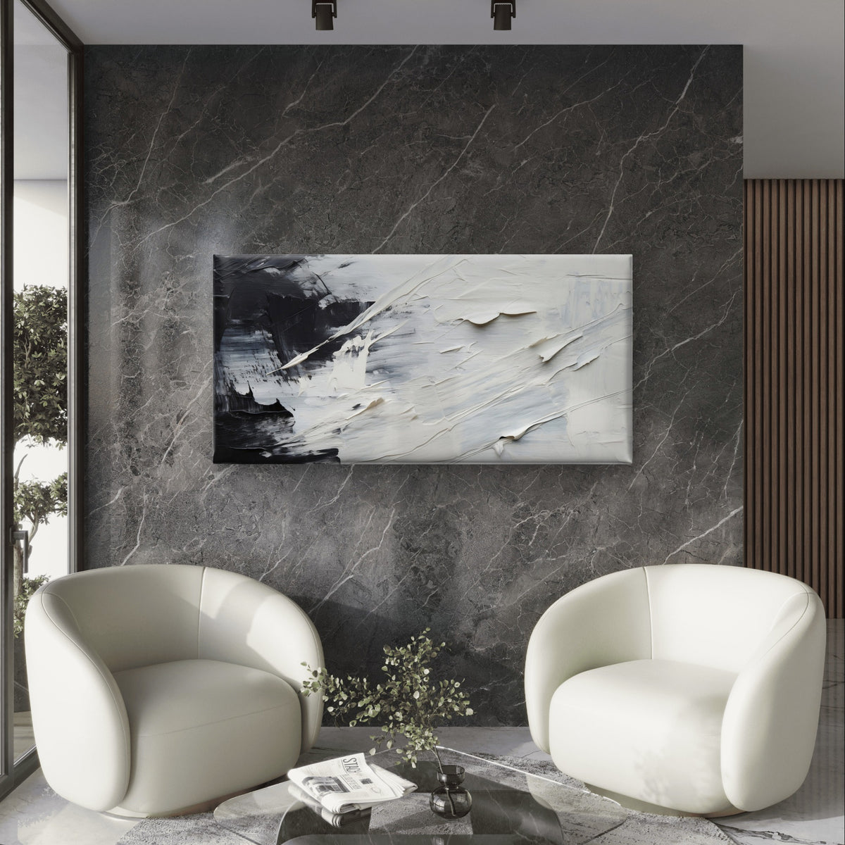 Black White Minimalist Abstract Gray Wall Art Canvas Office Home Framed 120x60cm