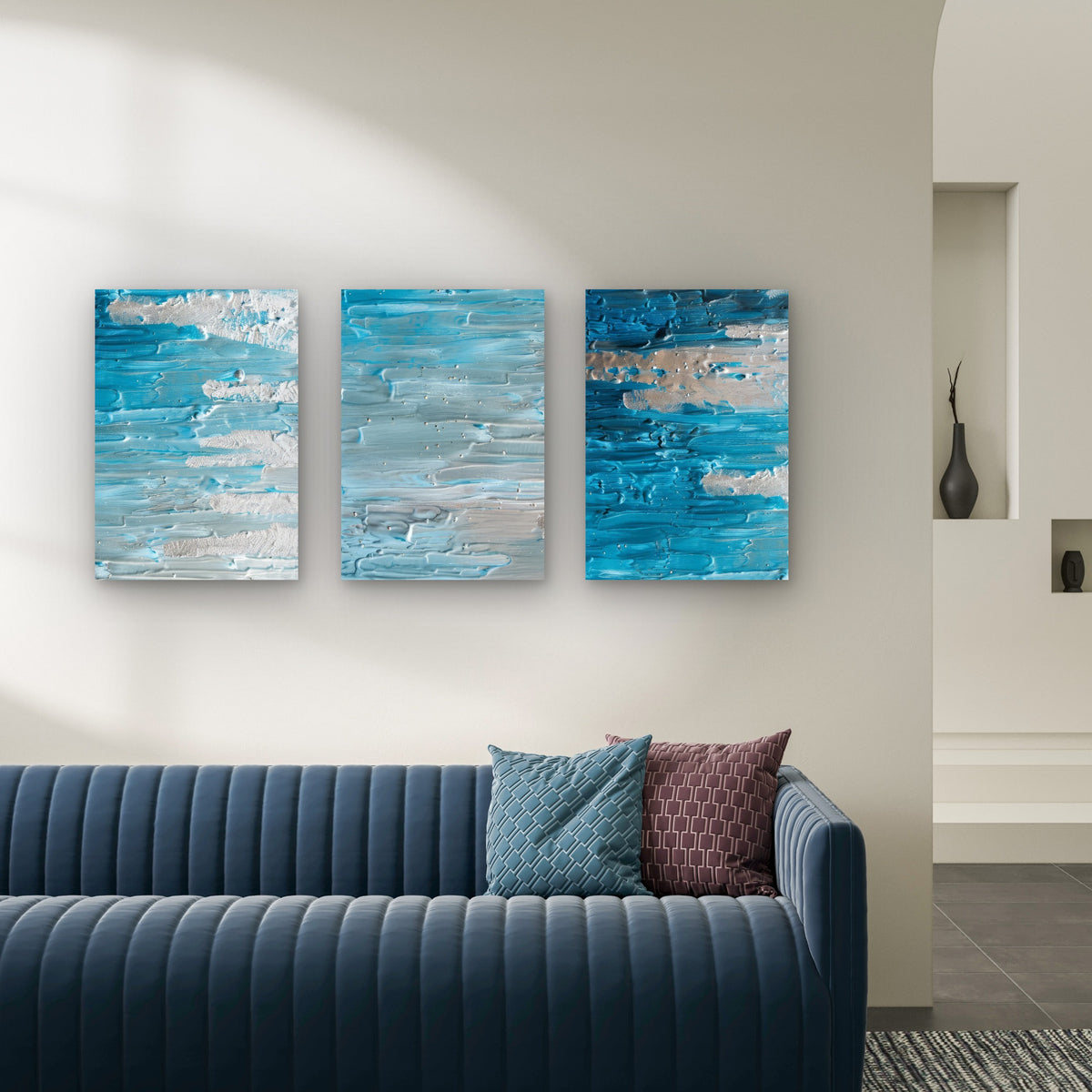 3pcs Modern Turquoise Teal Silver Foil Painting Wall Art Set Canvas Framed 50x70cm - High Quality Print 100% Australian Made Wall Canvas Ready to Hang