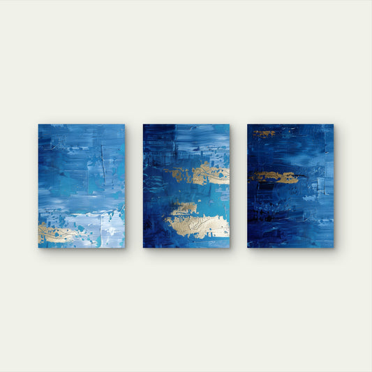 3pcs Modern Navy Royal Blue Gold Metallic Splash Wall Art Set Canvas Framed 40x60cm - High Quality Print 100% Australian Made Wall Canvas Ready to Hang
