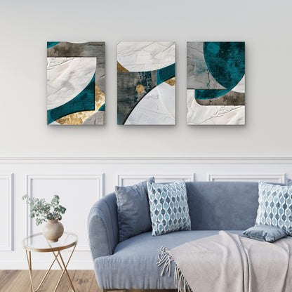 3pcs Abstract Teal Dark Gray Gold Geometric Wall Art Set Canvas Framed 50x70cm - High Quality Print 100% Australian Made Wall Canvas Ready to Hang
