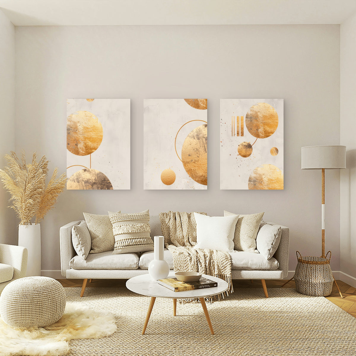 3pcs Minimalist Boho Gold Foil Circle Shape Wall Art Set Canvas Framed 60x90cm - High Quality Print 100% Australian Made Wall Canvas Ready to Hang