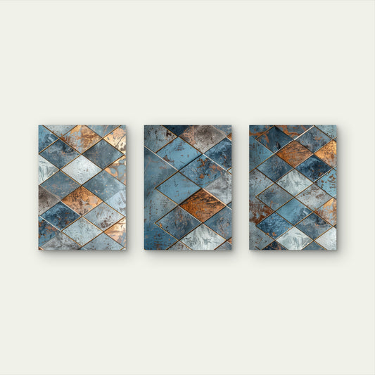 3pcs Industrial Blue Copper Diamond Mosaic Wall Art Set Canvas Framed 60x90cm - High Quality Print 100% Australian Made Wall Canvas Ready to Hang