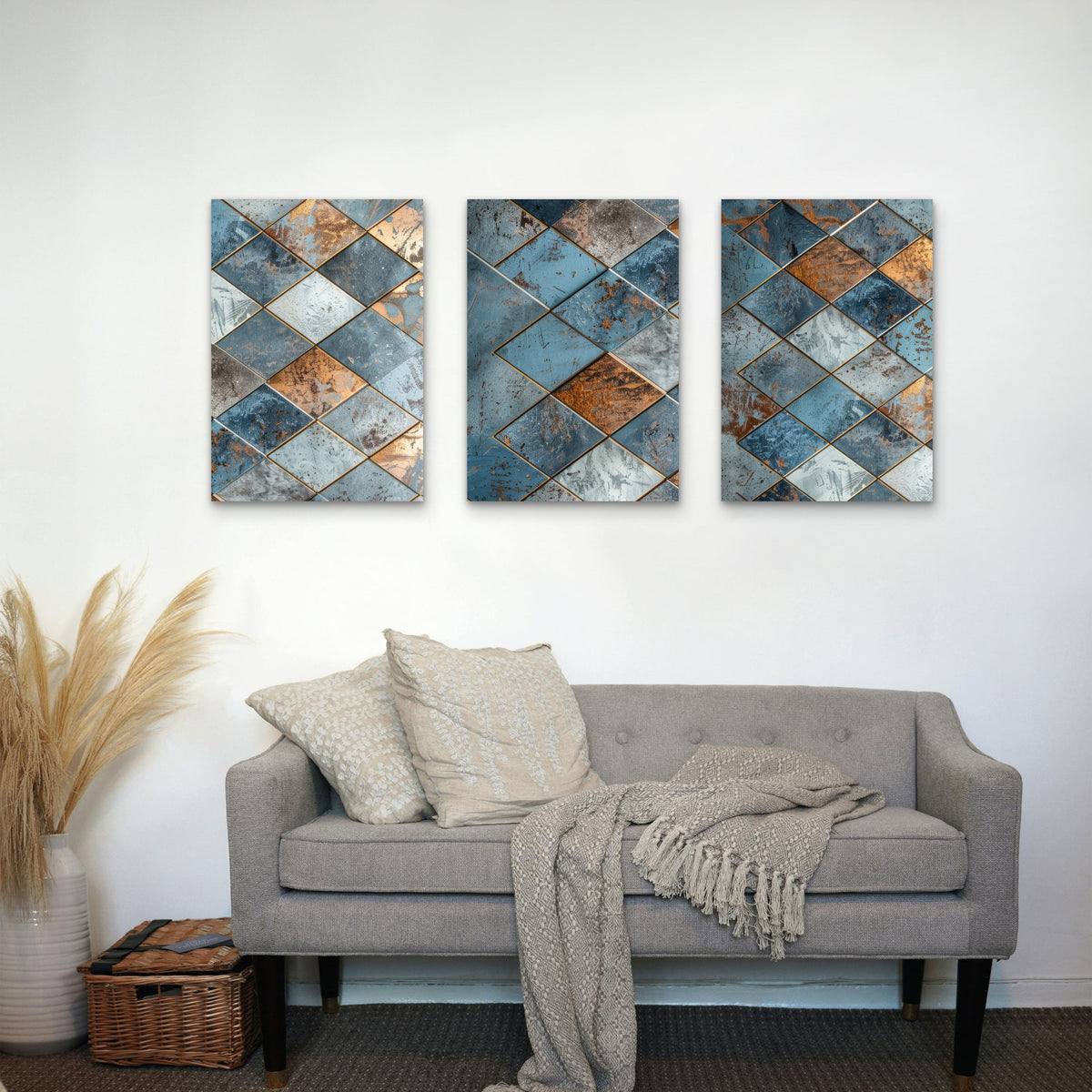 3pcs Industrial Blue Copper Diamond Mosaic Wall Art Set Canvas Framed 50x70cm - High Quality Print 100% Australian Made Wall Canvas Ready to Hang