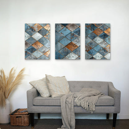 3pcs Industrial Blue Copper Diamond Mosaic Wall Art Set Canvas Framed 50x70cm - High Quality Print 100% Australian Made Wall Canvas Ready to Hang