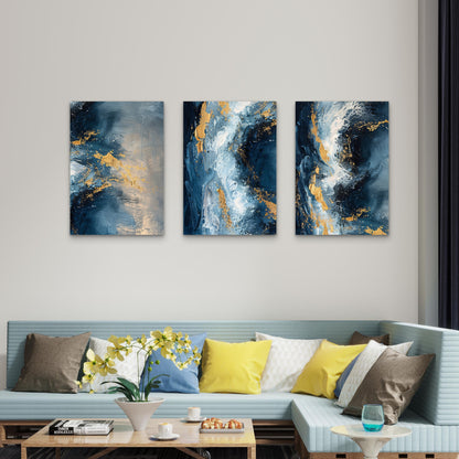 3pcs Modern Abstract Navy Blue Ocean Fluid Wall Art Set Canvas Framed 50x70cm - High Quality Print 100% Australian Made Wall Canvas Ready to Hang