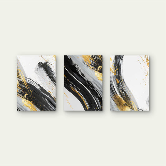 3pcs Modern Abstract Black Gold Brush Stroke Wall Art Set Canvas Framed 60x90cm - High Quality Print 100% Australian Made Wall Canvas Ready to Hang