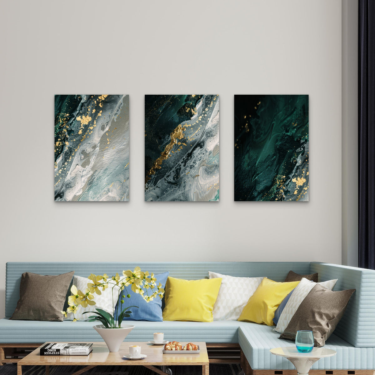 3pcs Luxury Emerald Green Gold Foil Marble Art Wall Art Set Canvas Framed 60x90cm - High Quality Print 100% Australian Made Wall Canvas Ready to Hang