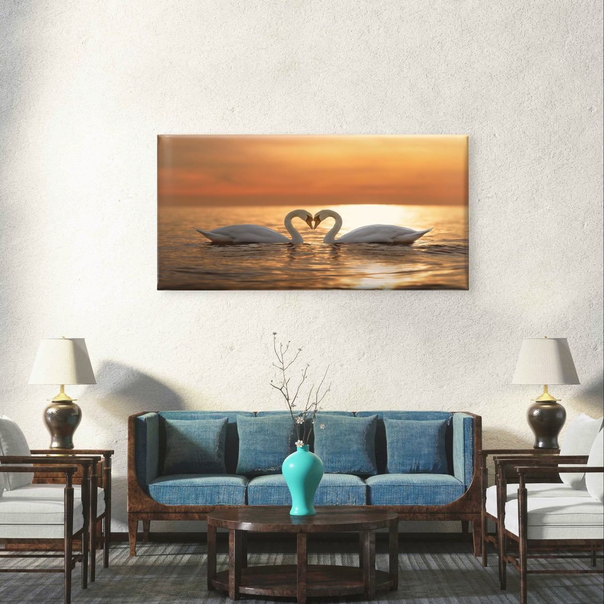 White Swans Love Heart Sunset Wall Art Canvas Office Home Framed 120x60cm