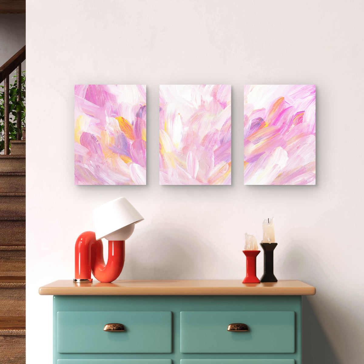 3pcs Modern Abstract Pink Pastel Painting Wall Art Set Canvas Framed 50x70cm - High Quality Print 100% Australian Made Wall Canvas Ready to Hang