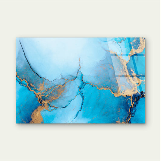Abstract Blue Gold Fluid Alcohol Ink Acrylic Glass Printing Wall Art Australian Made Quality