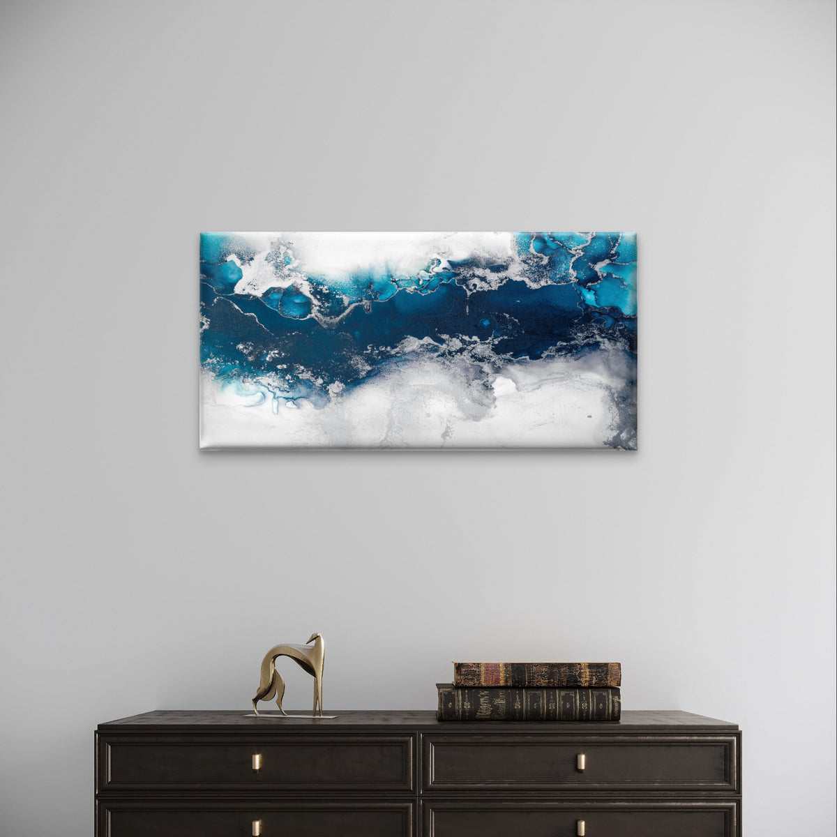 Abstract Blue Silver Fluid Alcohol Wall Art Canvas Office Home Framed 120x60cm