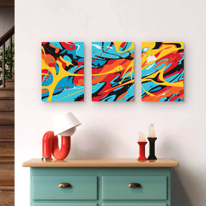 3pcs Vibrant Multicolor Psychedelic Splash Wall Art Set Canvas Framed 40x60cm - High Quality Print 100% Australian Made Wall Canvas Ready to Hang