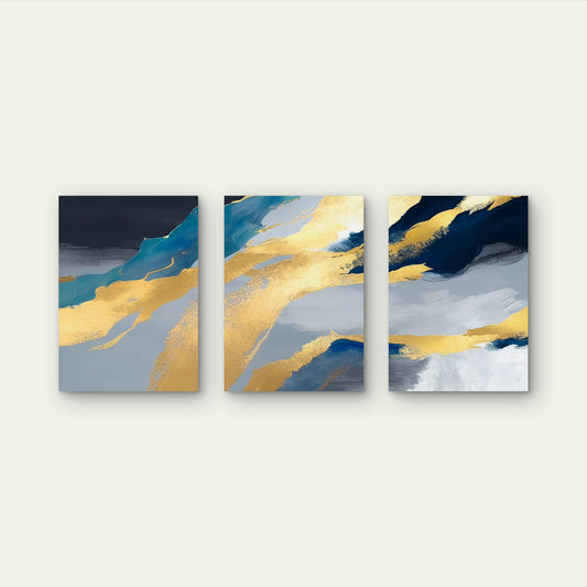 3pcs Modern Abstract Navy Blue Gold Foil Wall Art Set Canvas Framed 60x90cm - High Quality Print 100% Australian Made Wall Canvas Ready to Hang