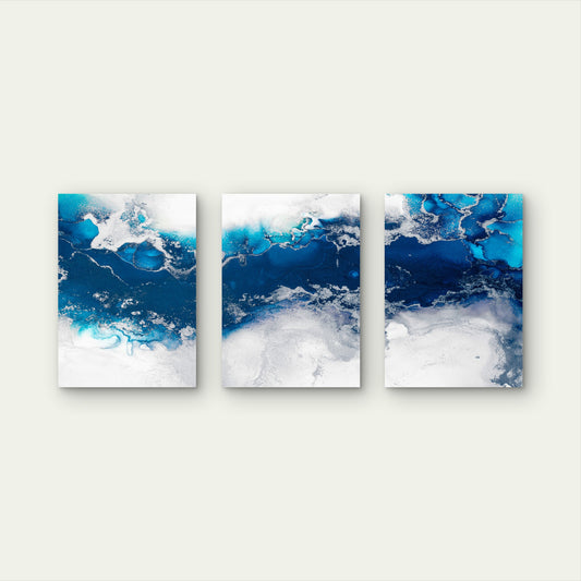 3pcs Modern Abstract Blue Ocean Silver Ink Wall Art Set Canvas Framed 60x90cm - High Quality Print 100% Australian Made Wall Canvas Ready to Hang