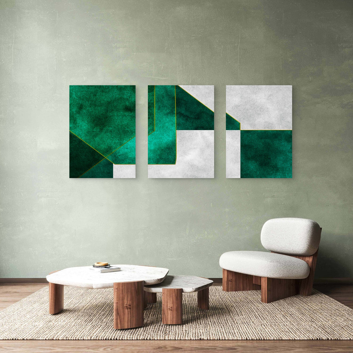 3pcs Modern Geometric Emerald Green Abstract Wall Art Set Canvas Framed 40x60cm - High Quality Print 100% Australian Made Wall Canvas Ready to Hang