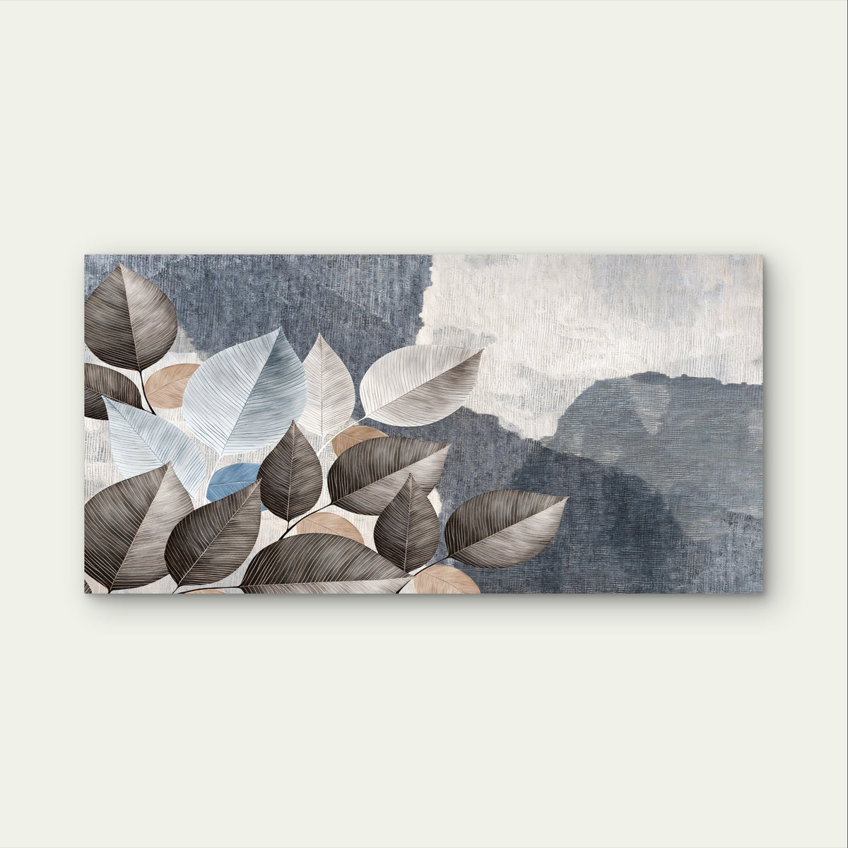 Modern Abstract Navy Blue Beige Leaves Wall Art Canvas Office Home Framed 120x60