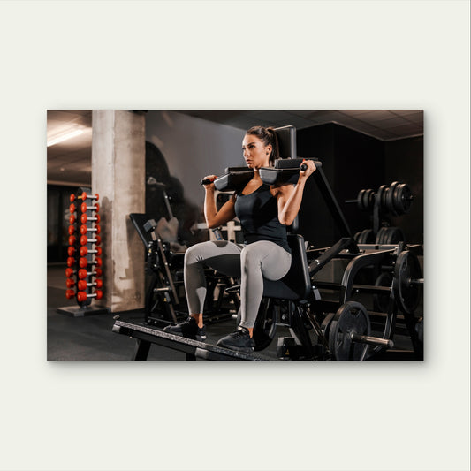 Female Leg Press Squat Gym Machine Art 5mm Plastic Ready to Hang 90x60cm