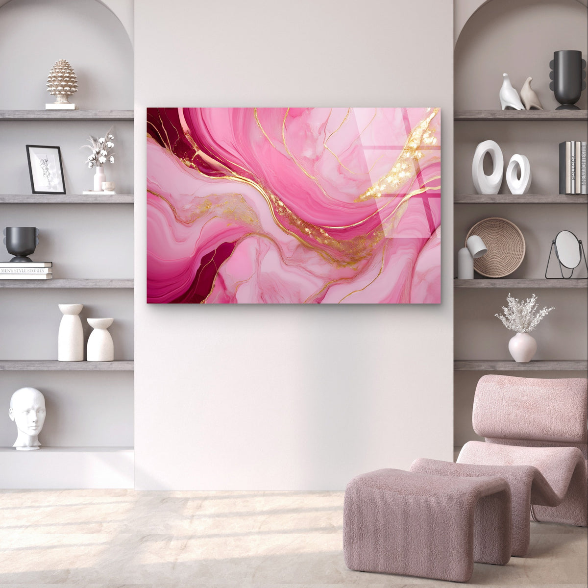 Modern Pink Abstract Alcohol Gold Foil Acrylic Glass Printing Wall Art Australian Made Quality