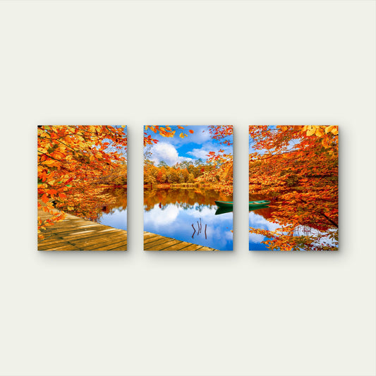 3pcs Fall Nature Lake Reflection Boat Scener Wall Art Set Canvas Framed 40x60cm - High Quality Print 100% Australian Made Wall Canvas Ready to Hang