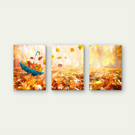 3pcs Autumn Fall Golden Leaves Blue Umbrella Wall Art Set Canvas Framed 40x60cm - High Quality Print 100% Australian Made Wall Canvas Ready to Hang