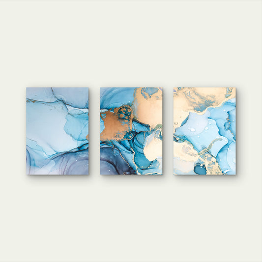 3pcs Elegant Blue Ocean Wave Gold Liquid Ink Wall Art Set Canvas Framed 40x60cm - High Quality Print 100% Australian Made Wall Canvas Ready to Hang