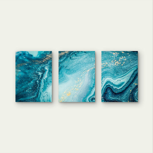 3pcs Gold Glitter Turquoise Agate Ocean Wave Wall Art Set Canvas Framed 50x70cm - High Quality Print 100% Australian Made Wall Canvas Ready to Hang