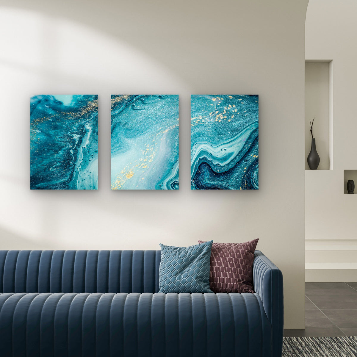 3pcs Gold Glitter Turquoise Agate Ocean Wave Wall Art Set Canvas Framed 50x70cm - High Quality Print 100% Australian Made Wall Canvas Ready to Hang