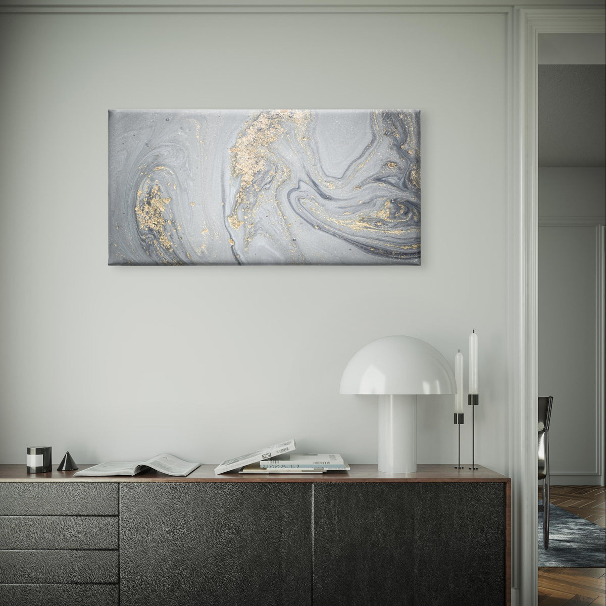 Gray Marble Liquid Ink Gold Swirl Wall Art Canvas Office Home Framed 120x60cm
