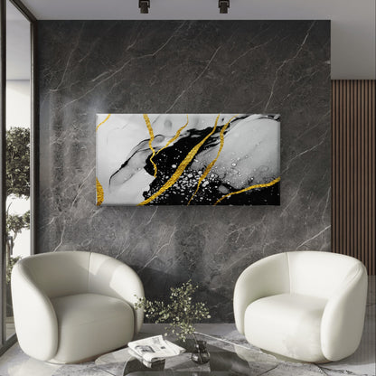 Black White Alcohol Ink Gold Leaf Wall Art Canvas Office Home Framed 120x60cm