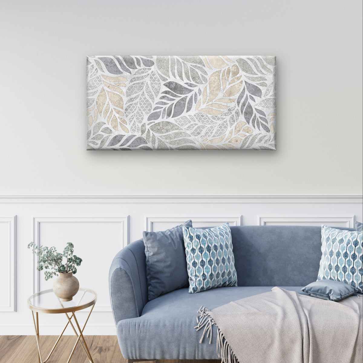 Grey Beige Tropical Leaf Botanical Wall Art Canvas Office Home Framed 120x60cm