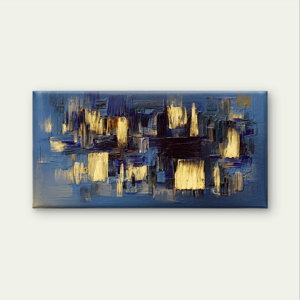 Dark Indigo Golden Brush Stroke Wall Art Canvas Office Home Framed 120x60cm