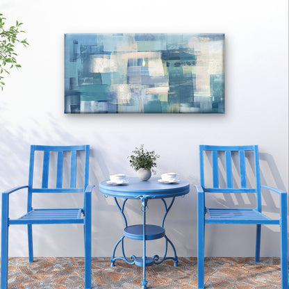 Blue Teal Block Abstract Oil Palette Wall Art Canvas Office Home Framed 120x60cm
