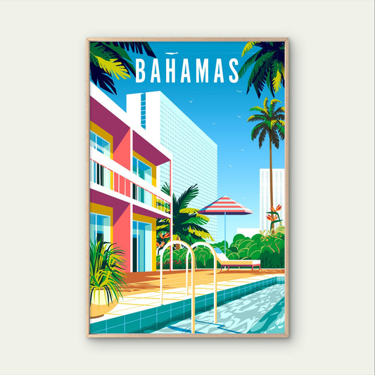Bahamas Tropical Beach Resort Pool Palm Tree Retro Travel Poster Print Wall Art