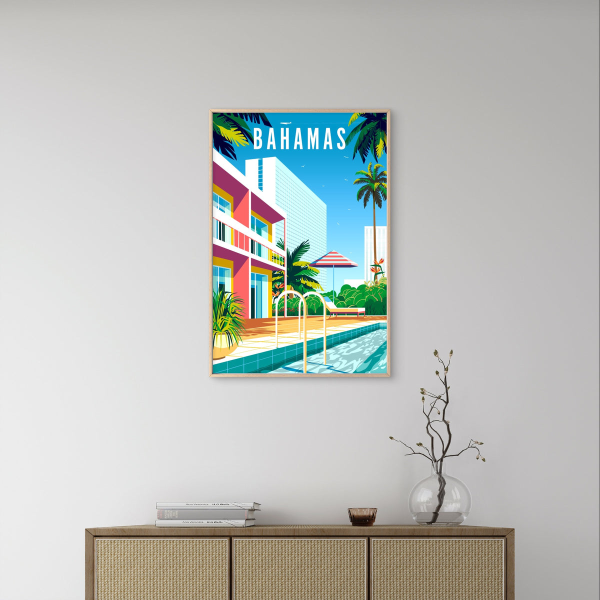 Bahamas Tropical Beach Resort Pool Palm Tree Retro Travel Poster Print Wall Art