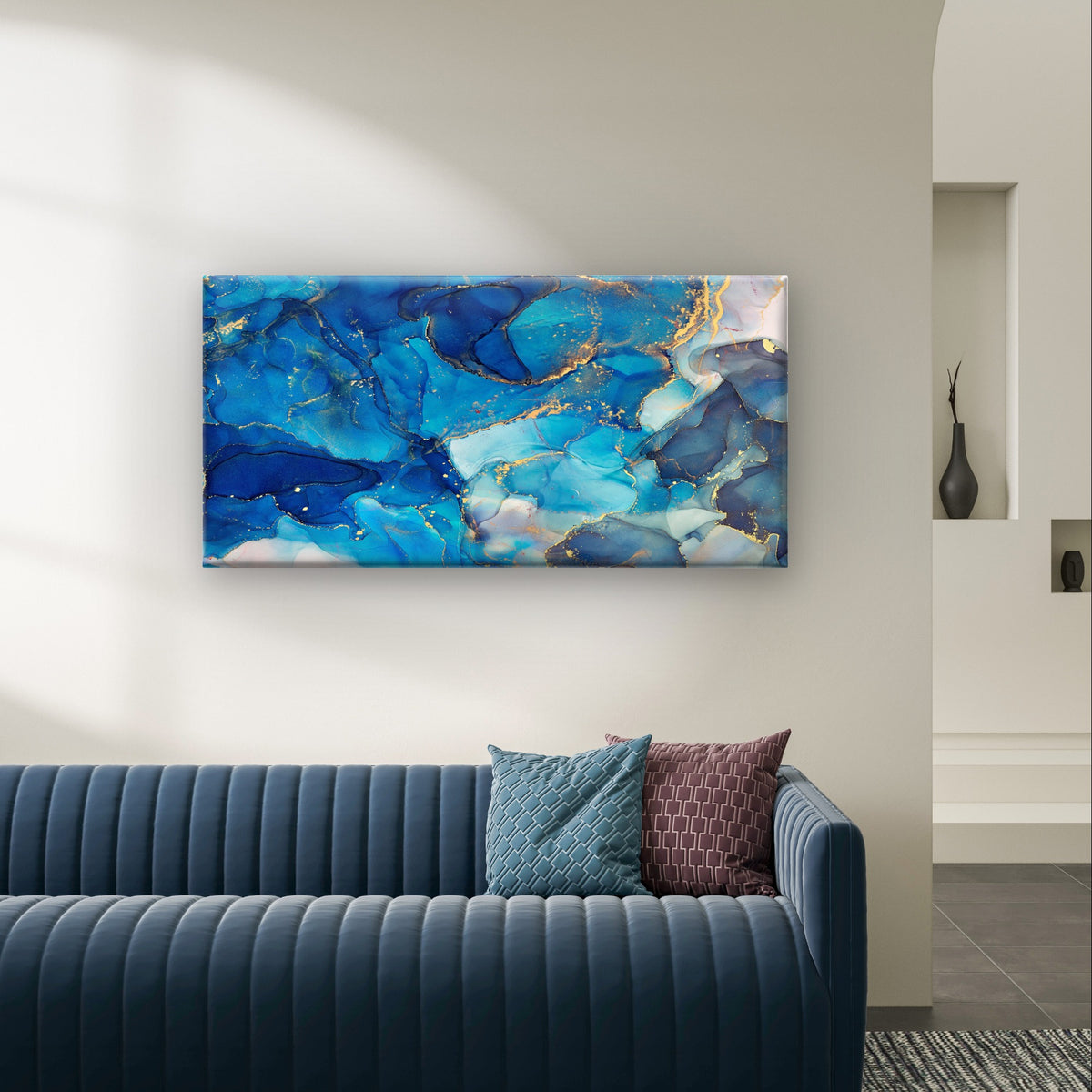 Modern Abstract Blue Gold Marble Wall Art Canvas Office Home Framed 120x60cm