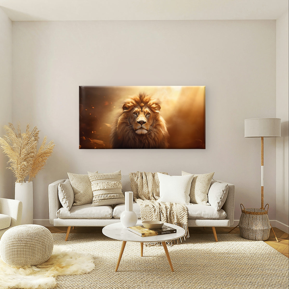Majestic Golden Lion King Print Wall Art Canvas Office Home Framed 120x60cm