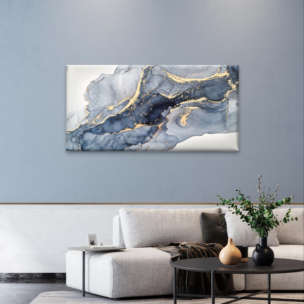 Grey Navy Gold Fluid Ink Abstract Wall Art Canvas Office Home Framed 120x60cm