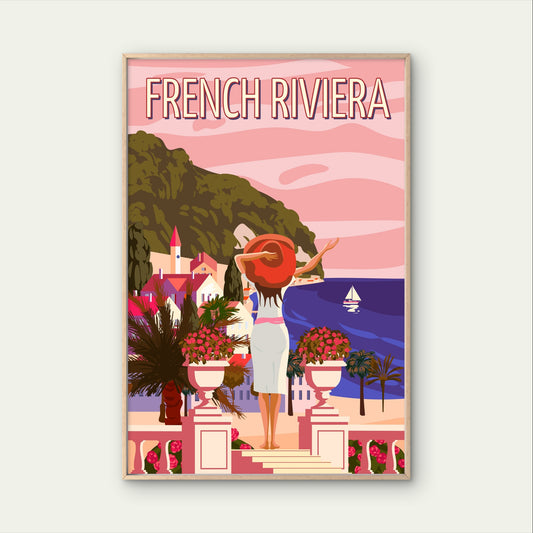 French Riviera Vintage Retro Coastal Girl Summer Travel Poster Print Wall Art