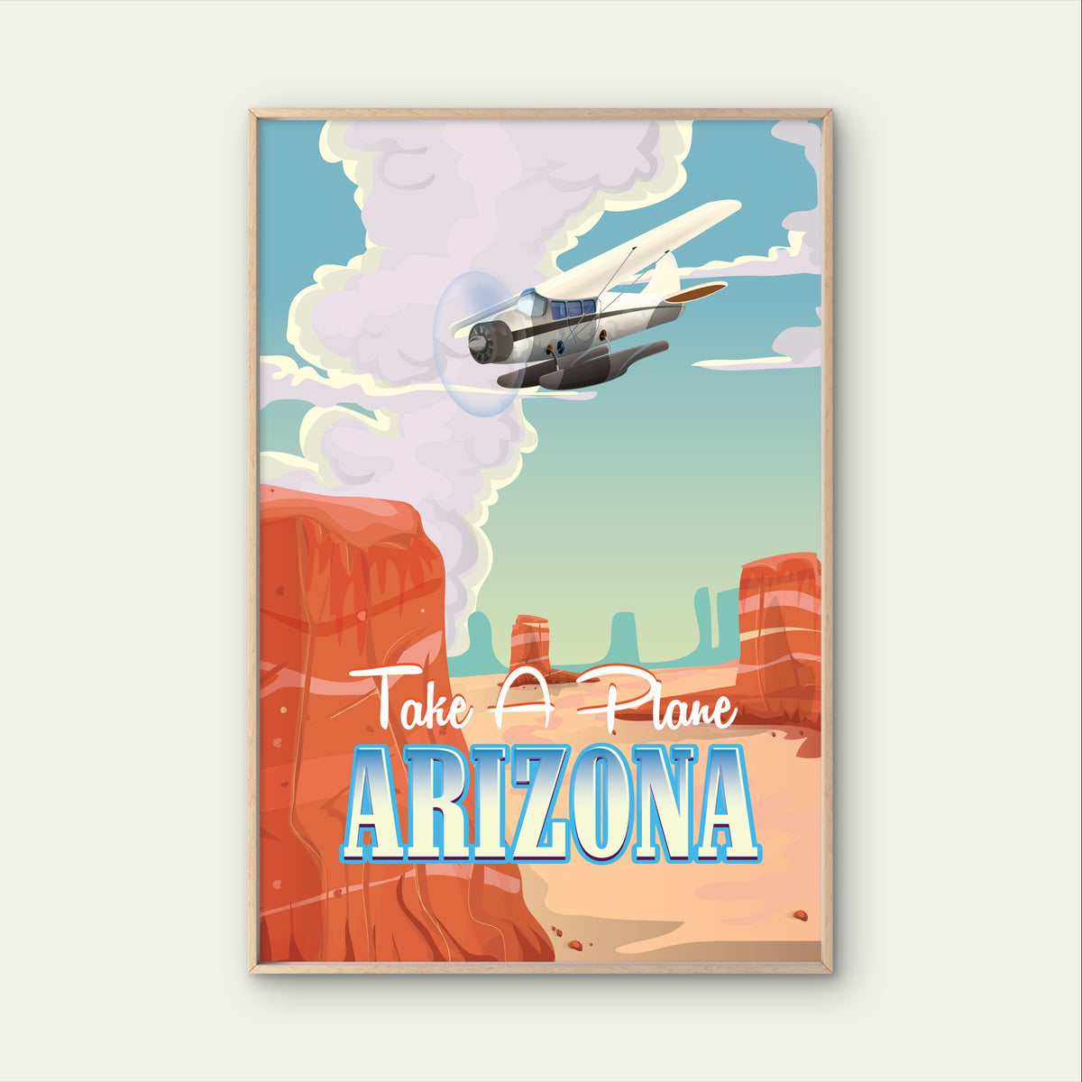 Desert Red Rock Canyon Aviation Propeller Plane Travel Poster Print Wall Art