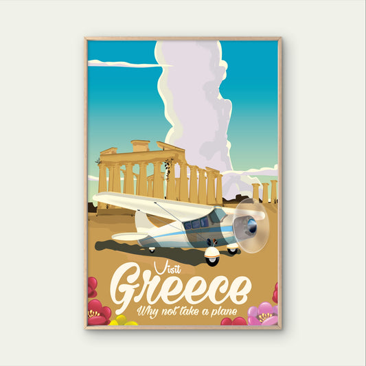 Greek Ancient Ruins Architecture Airplane Retro Travel Poster Print Wall Art